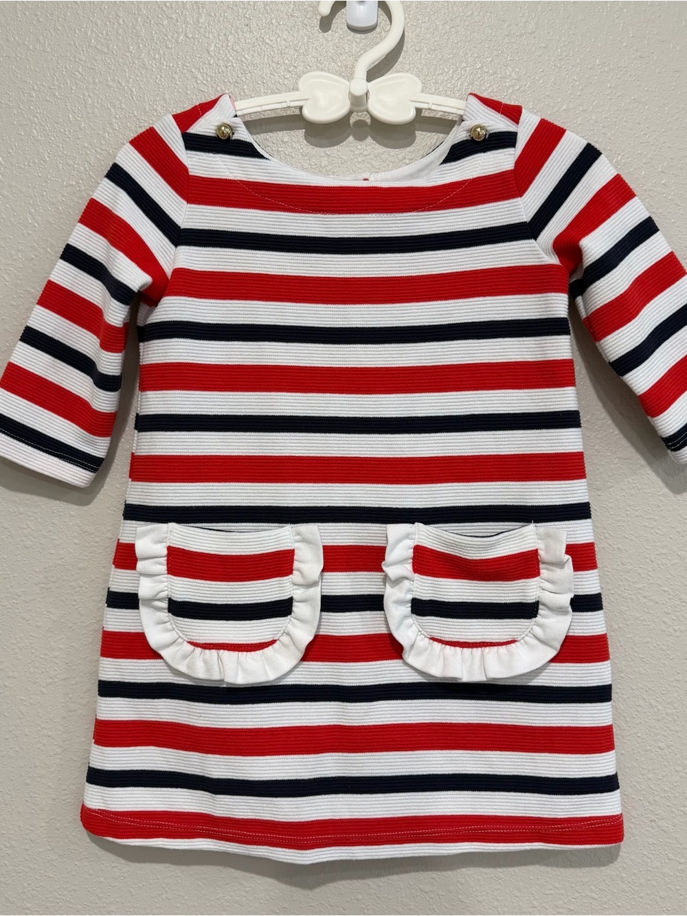 Janie and Jack Red White Navy Striped Knit Dress Girls 3T EUC